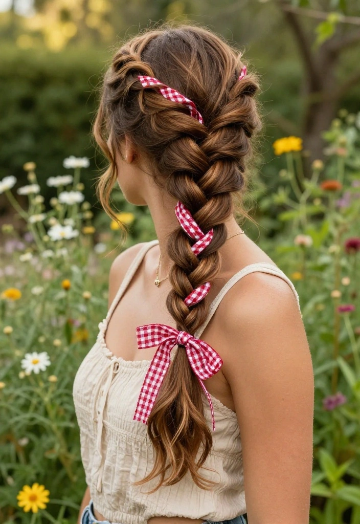 20 Gorgeous Braided Hairstyles with Ribbon Beautifully Woven In - 12. Twisted Braid with Gingham Ribbons 1