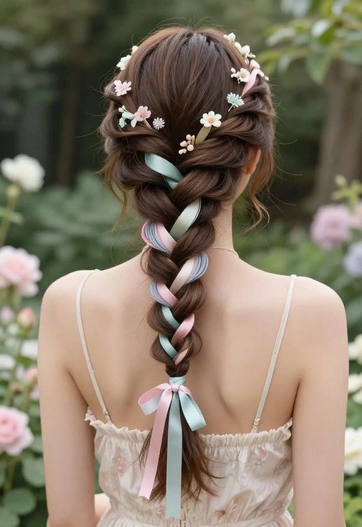 20 Gorgeous Braided Hairstyles with Ribbon Beautifully Woven In - 13. Waterfall Braid with Pastel Ribbons 1