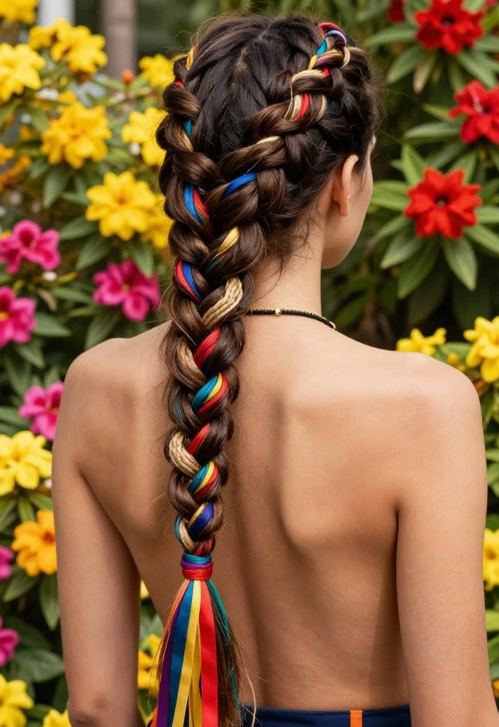20 Gorgeous Braided Hairstyles with Ribbon Beautifully Woven In - 14. Rope Braid with Bold Ribbons 1