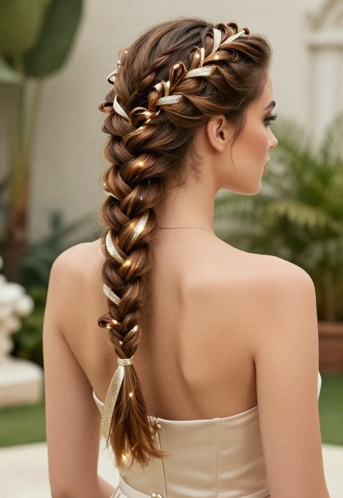20 Gorgeous Braided Hairstyles with Ribbon Beautifully Woven In - 15. Infinity Braid with Shimmering Ribbons 1