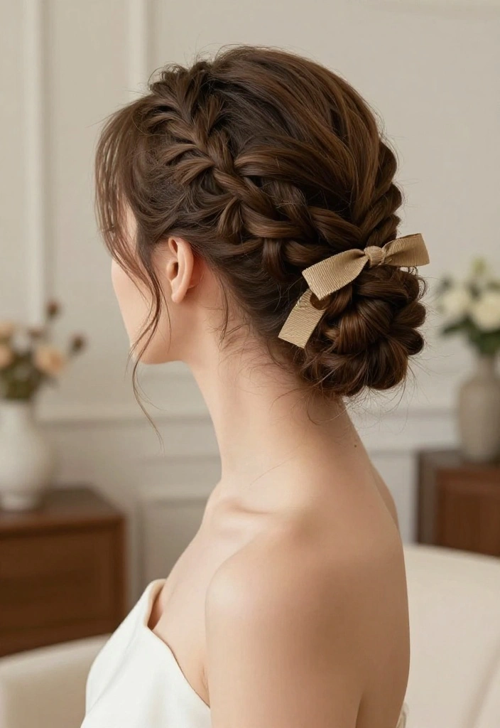 20 Gorgeous Braided Hairstyles with Ribbon Beautifully Woven In - 16. Braid Bun with Textured Ribbons 1