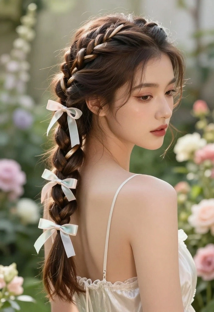 20 Gorgeous Braided Hairstyles with Ribbon Beautifully Woven In - 17. Twisted Halo Braid with Delicate Ribbons 1