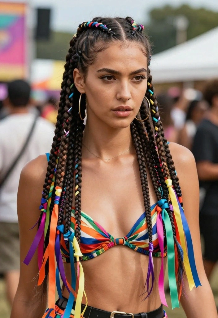 20 Gorgeous Braided Hairstyles with Ribbon Beautifully Woven In - 18. Cornrow Braid with Statement Ribbons 1
