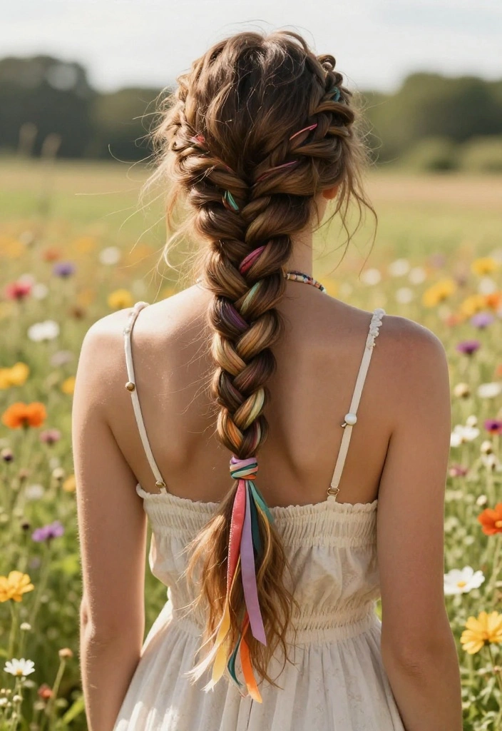 20 Gorgeous Braided Hairstyles with Ribbon Beautifully Woven In - 2. Bohemian Fishtail Braid with Twisted Ribbons 1