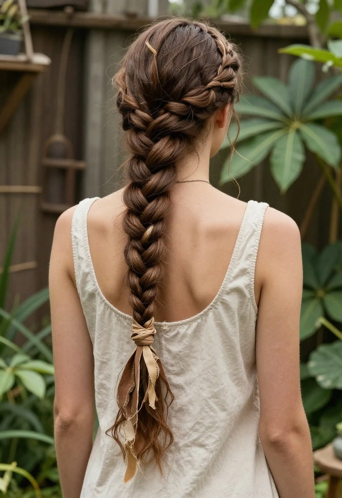 20 Gorgeous Braided Hairstyles with Ribbon Beautifully Woven In - 20. Knotted Braid with Earthy Ribbons 1