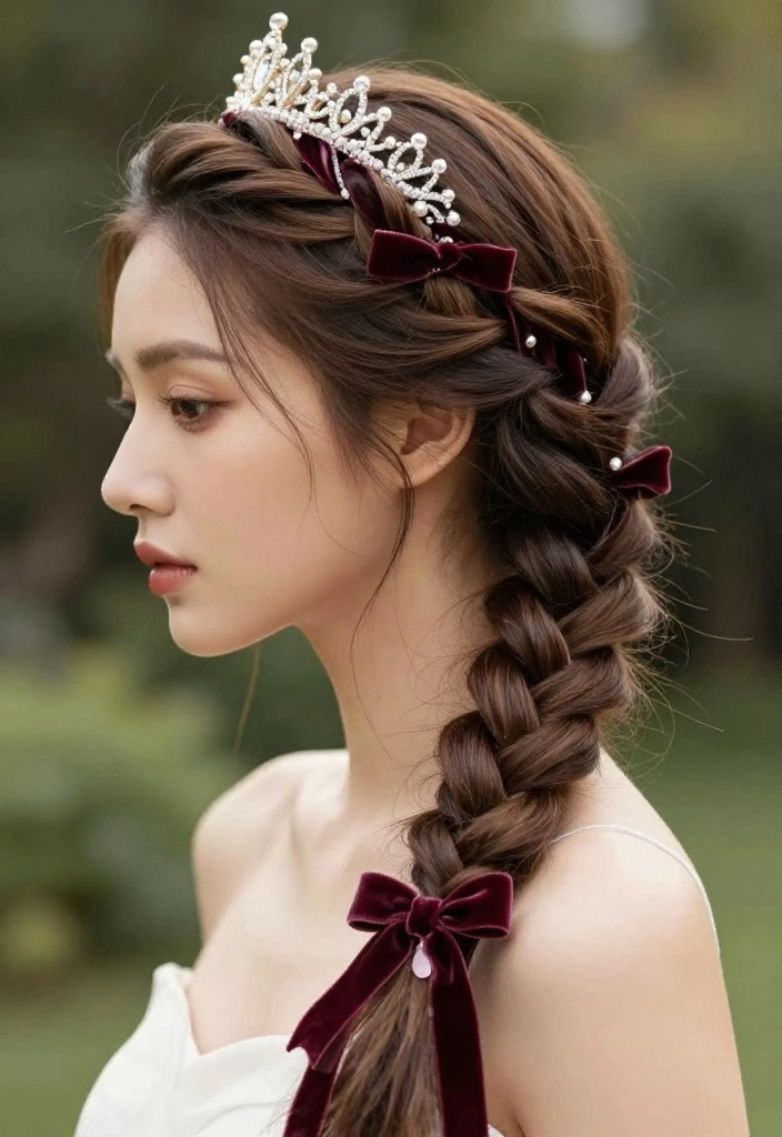 20 Gorgeous Braided Hairstyles with Ribbon Beautifully Woven In - 3. Elegant Crown Braid with Velvet Ribbons 1