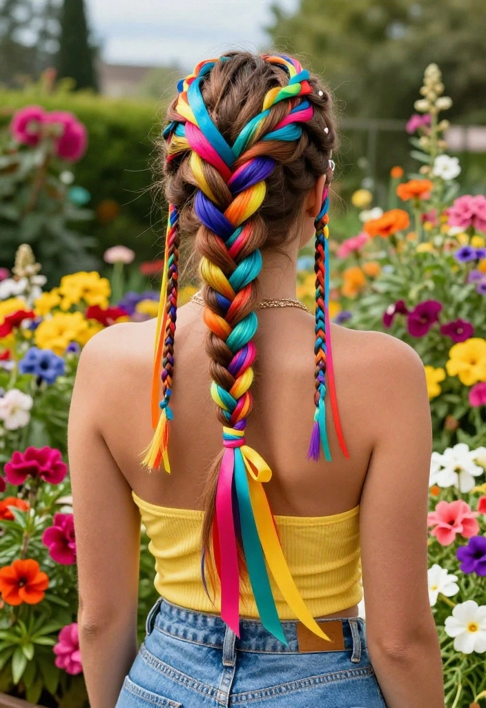 20 Gorgeous Braided Hairstyles with Ribbon Beautifully Woven In - 4. Colorful Dutch Braid with Bright Ribbons 1