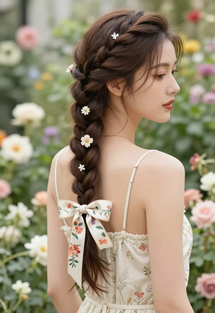 20 Gorgeous Braided Hairstyles with Ribbon Beautifully Woven In - 5. Side Braid with Floral Ribbons 1