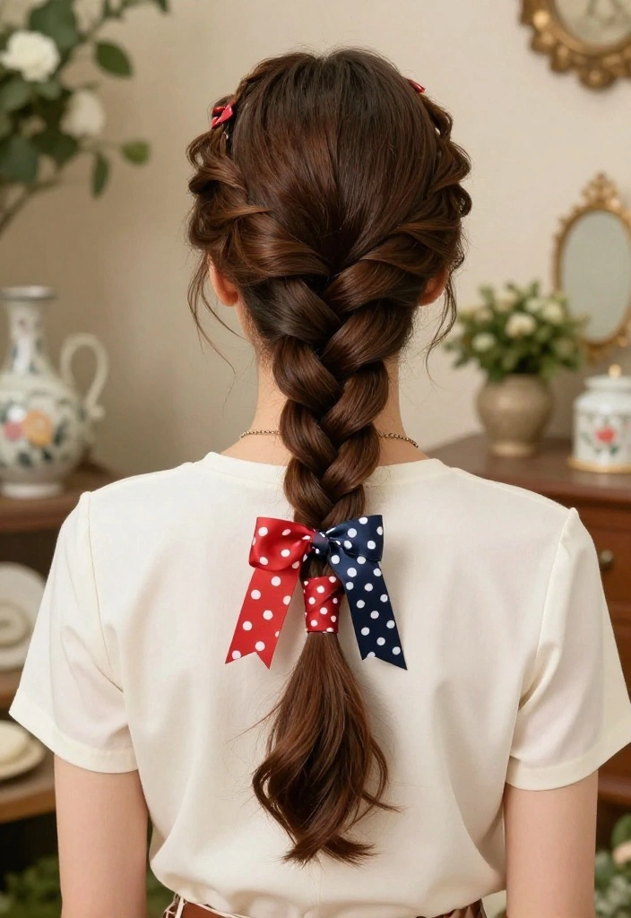 20 Gorgeous Braided Hairstyles with Ribbon Beautifully Woven In - 6. Vintage Braid with Retro Polka Dot Ribbons 1
