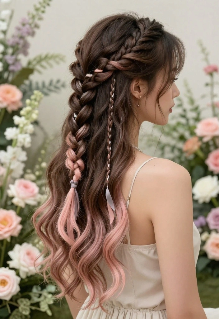 20 Gorgeous Braided Hairstyles with Ribbon Beautifully Woven In - 7. Half-Up Braid with Ombre Ribbons 1