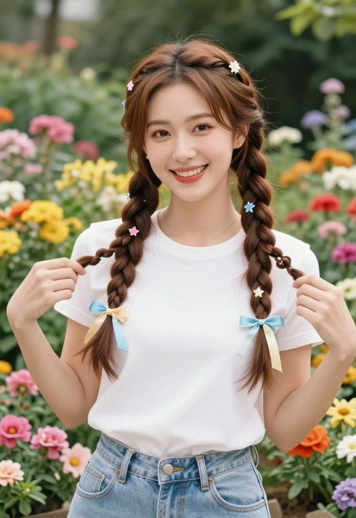 20 Gorgeous Braided Hairstyles with Ribbon Beautifully Woven In - 8. Double Braids with Matching Ribbons 1
