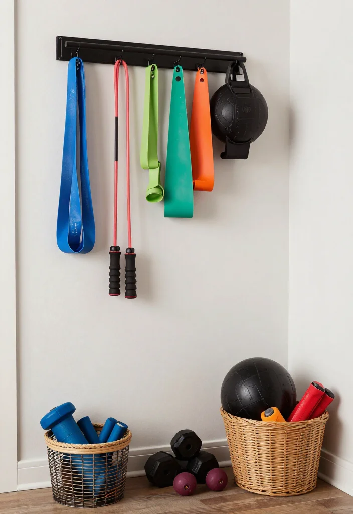 20 Gym Aesthetic Ideas to Build the Most Motivating Workout Space and Vibe - 12. Unique Workout Accessories Display 1