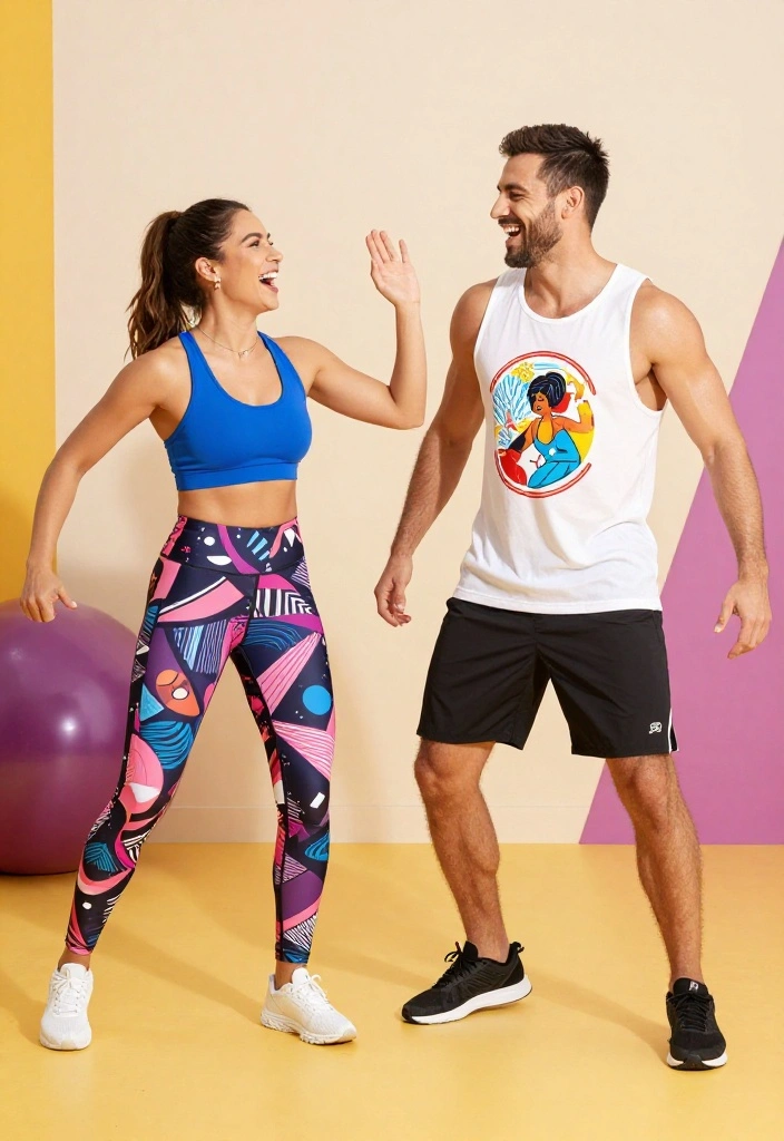 20 Gym Couple Outfit Ideas That Match Without Looking Cheesy or Over-Coordinated - 9. Fun with Graphics and Prints 1