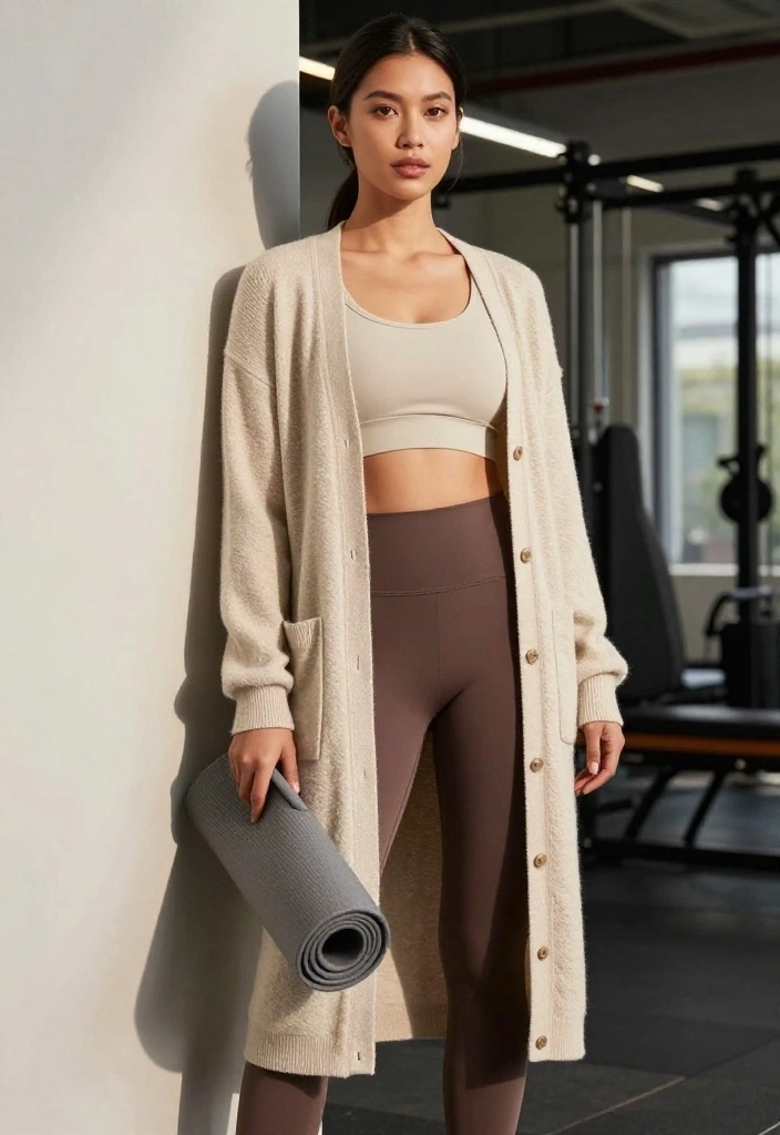 20 Modest Gym Outfits That Offer Full Coverage Without Slowing You Down - 6. Layered Look with a Long Cardigan 1