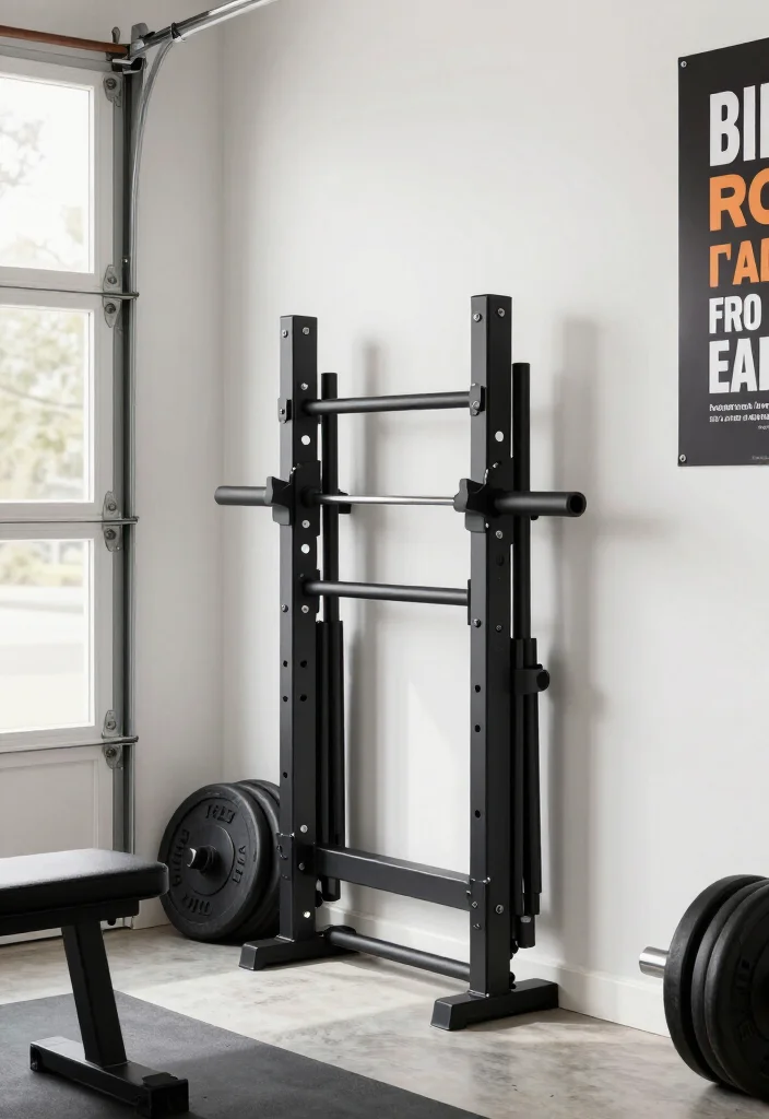 20 Small Garage Gym Ideas for Maximum Training Space in Minimum Square Footage - 1. Wall-Mounted Folding Squat Rack 1