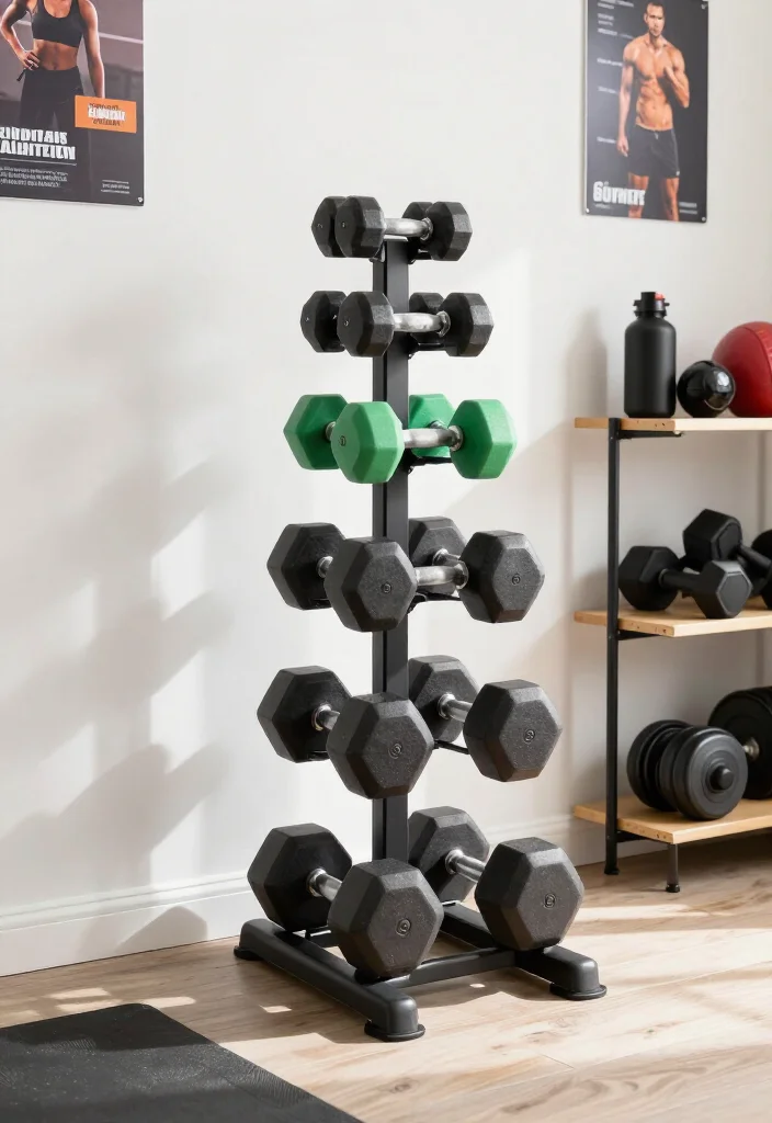 20 Small Garage Gym Ideas for Maximum Training Space in Minimum Square Footage - 2. Vertical Dumbbell Storage 1