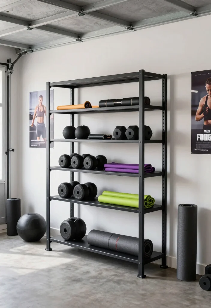 20 Small Garage Gym Ideas for Maximum Training Space in Minimum Square Footage - 8. Smart Shelving Solutions 1