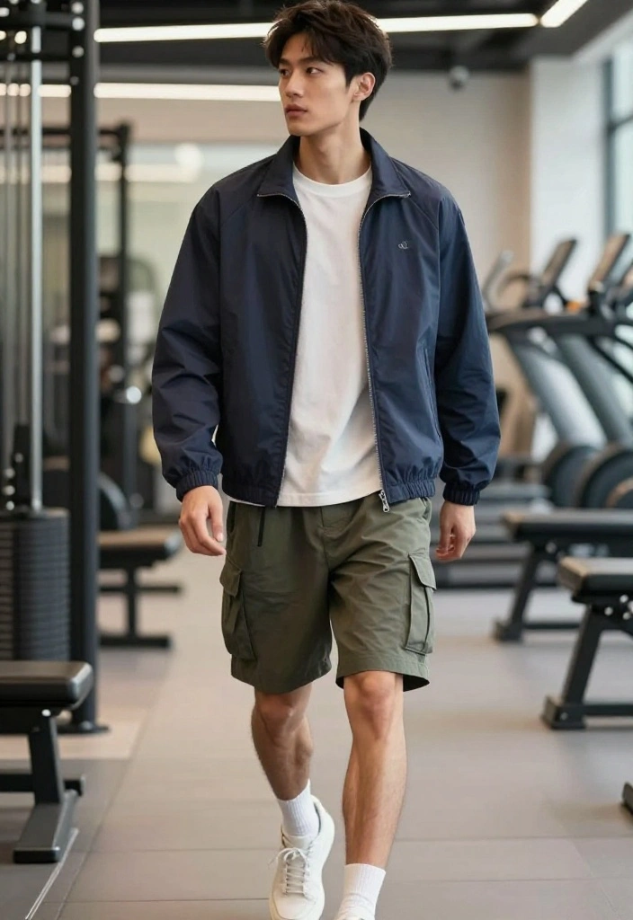 21 Affordable Gym Outfits for Men Under $60 That Hold Up Through Heavy Training - 15. Stylish Zip-up Jacket with Casual Shorts 1