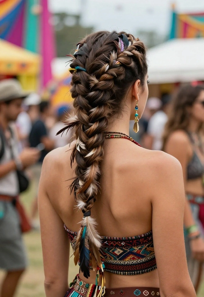 21 Boho Braided Summer Updo Hairstyles for Festival Season - 17. Braided Updo with Feathers 1