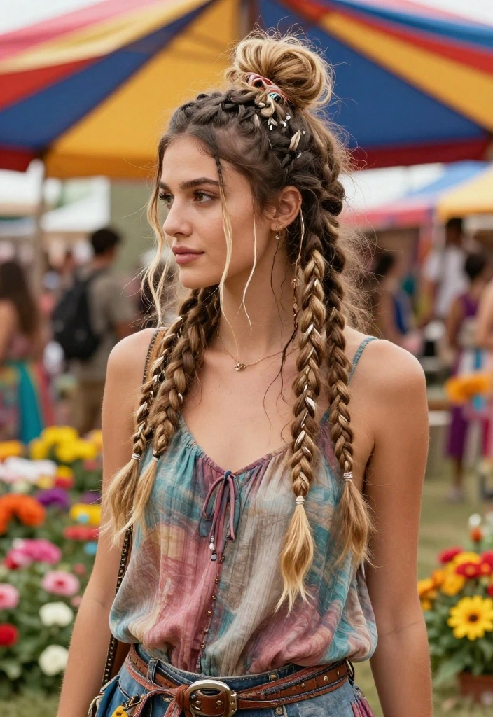 21 Boho Braided Summer Updo Hairstyles for Festival Season - 2. Messy Boho Bun with Braids 1