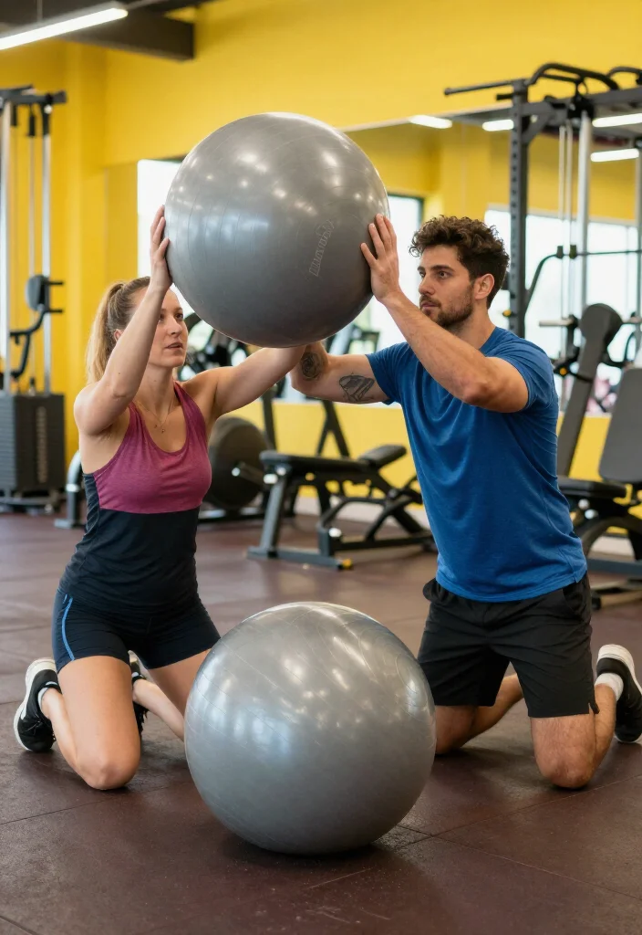 21 Couple Gym Routines You Can Do Side by Side for a Full Body Workout Together - 15. Partner Core Ball Rollouts 1