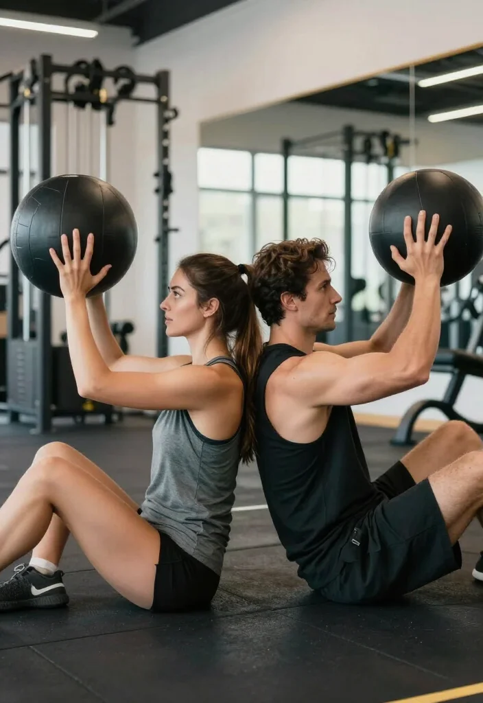 21 Couple Gym Routines You Can Do Side by Side for a Full Body Workout Together - 7. Core Partner Twists 1
