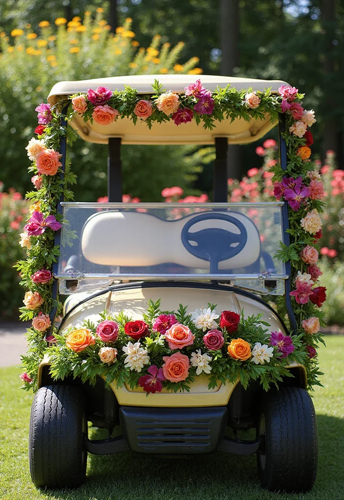 21 Golf Cart Flower Decoration Ideas That Look Stunning - 1. Cascading Floral Garlands 1