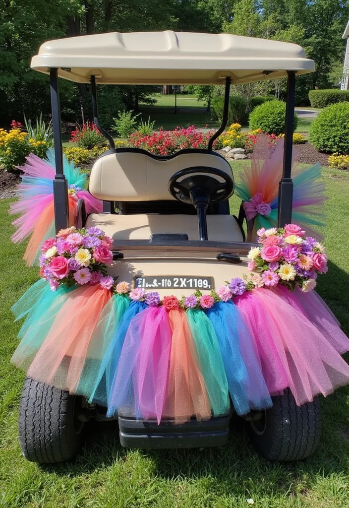 21 Golf Cart Flower Decoration Ideas That Look Stunning - 10. Colorful Tulle Accents 1