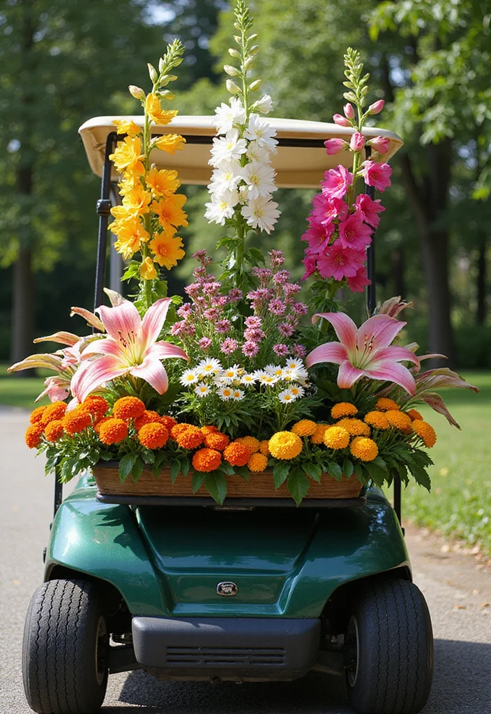 21 Golf Cart Flower Decoration Ideas That Look Stunning - 11. Multi-Layered Floral Arrangements 1