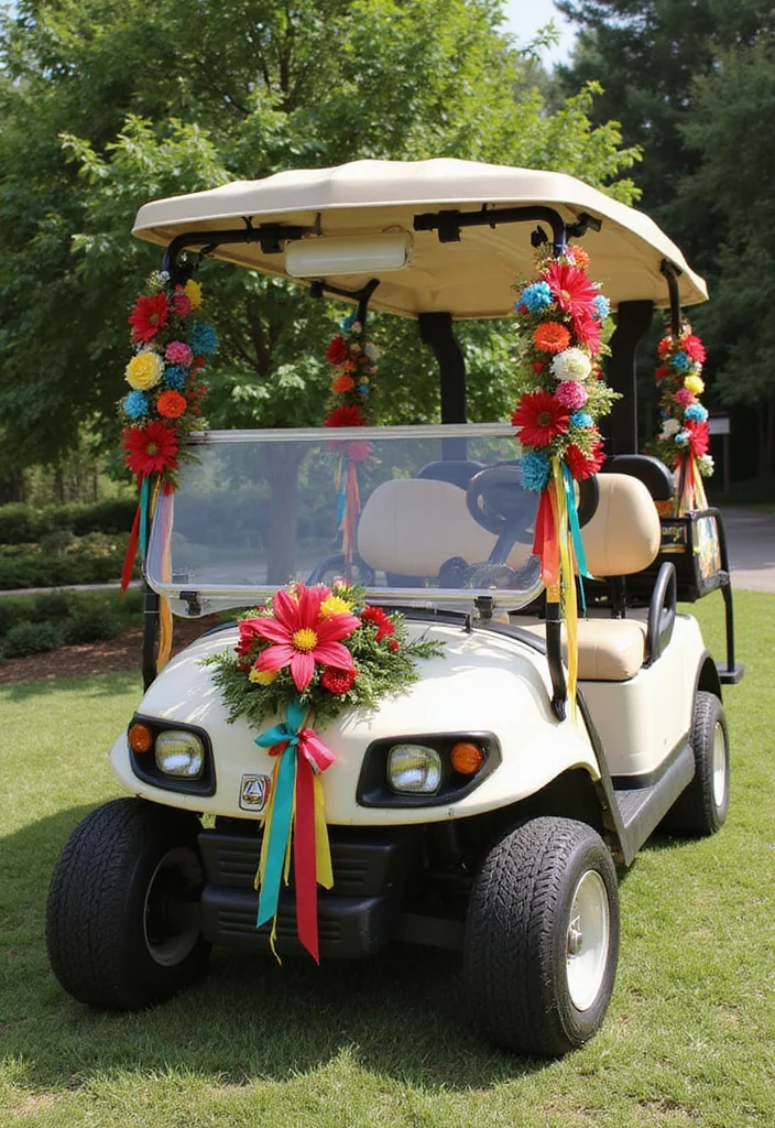 21 Golf Cart Flower Decoration Ideas That Look Stunning - 13. Flower and Ribbons Combo 1