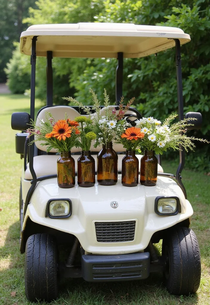 21 Golf Cart Flower Decoration Ideas That Look Stunning - 15. Upcycled Flower Decor 1