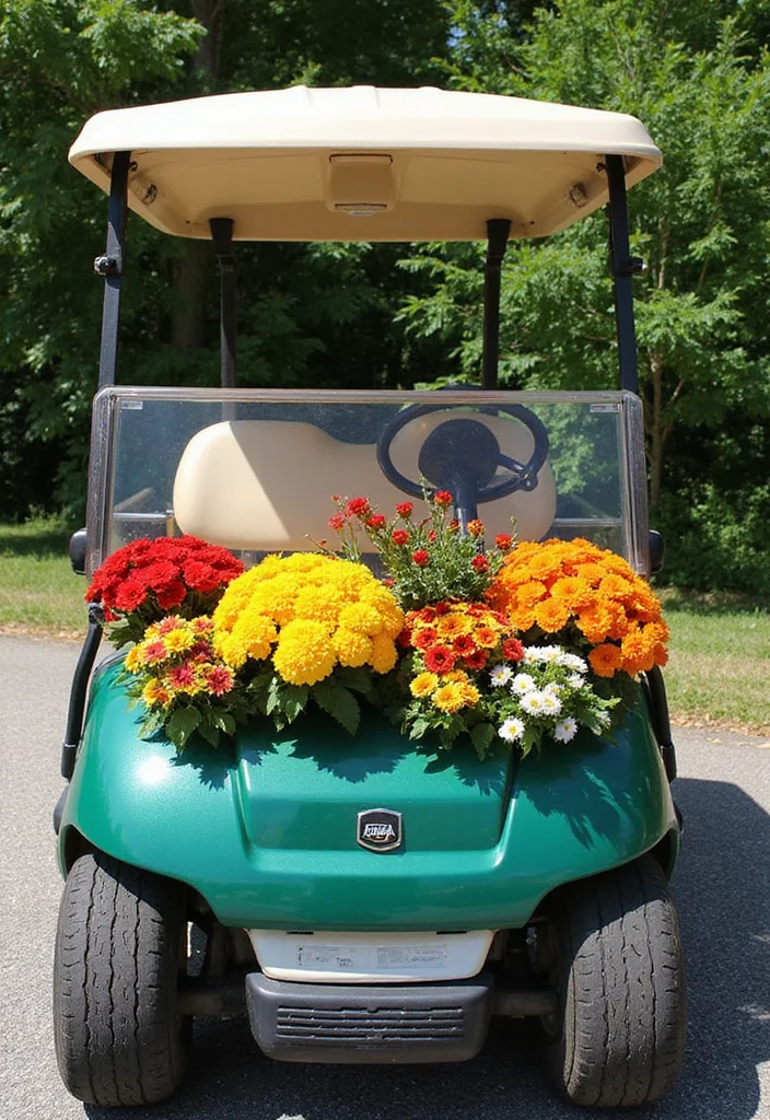 21 Golf Cart Flower Decoration Ideas That Look Stunning - 16. Flower-Adorned Windshield 1