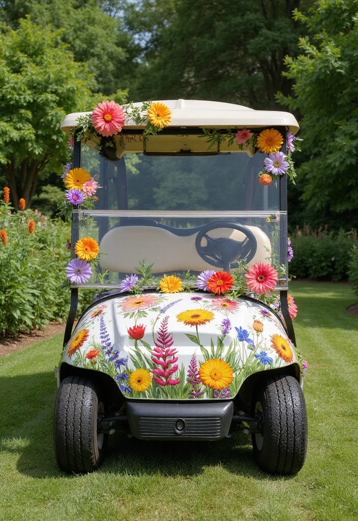 21 Golf Cart Flower Decoration Ideas That Look Stunning - 18. Garden-Inspired Floral Motifs 1