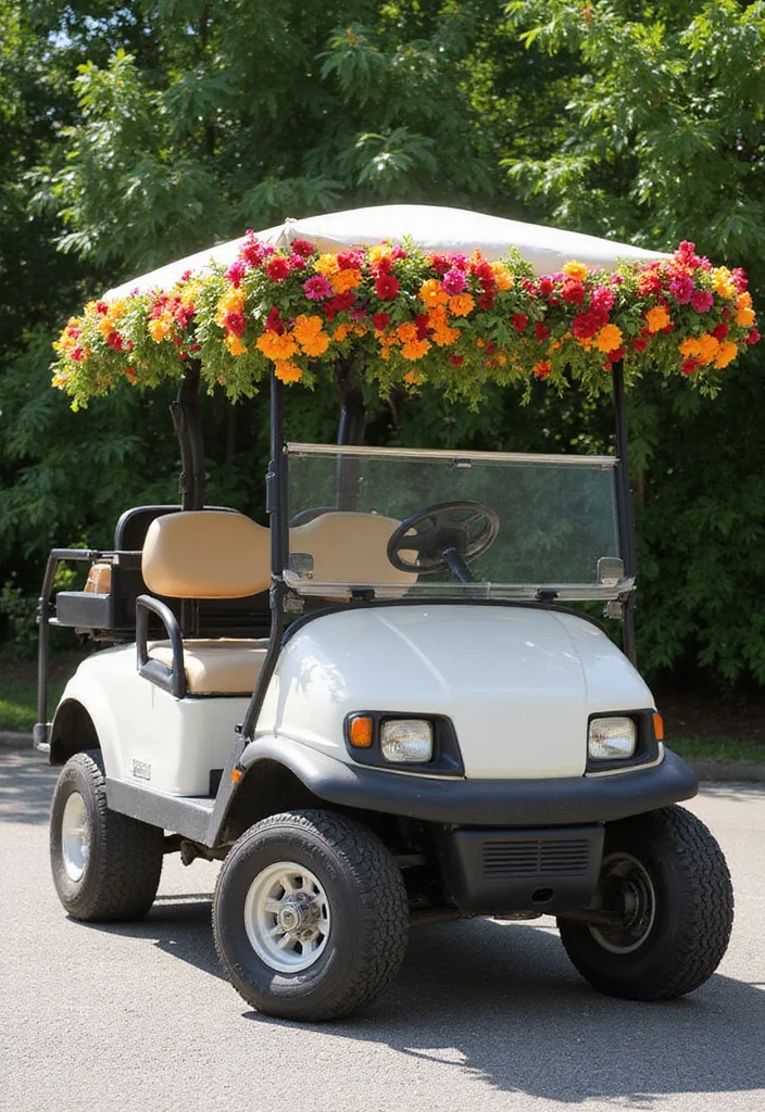 21 Golf Cart Flower Decoration Ideas That Look Stunning - 19. Flower-Trimmed Canopy 1