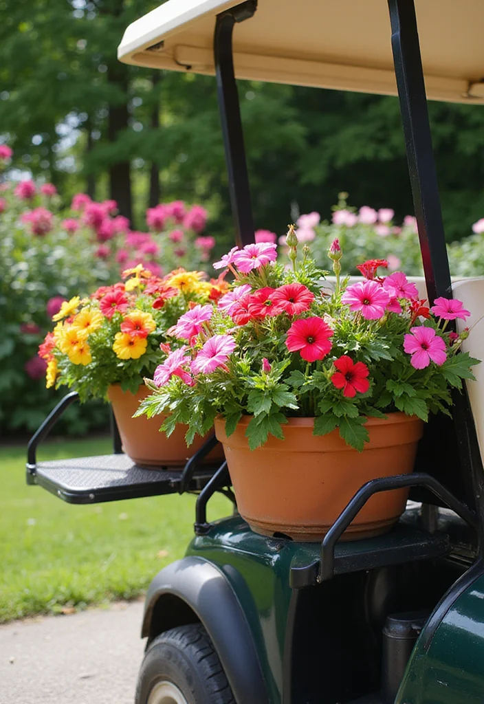 21 Golf Cart Flower Decoration Ideas That Look Stunning - 2. Vibrant Flower Baskets 1