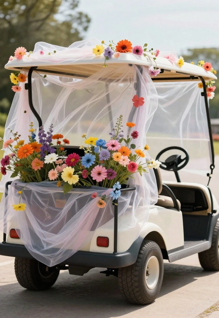 21 Golf Cart Flower Decoration Ideas That Look Stunning - 20. Flowy Fabric and Floral Combinations 1