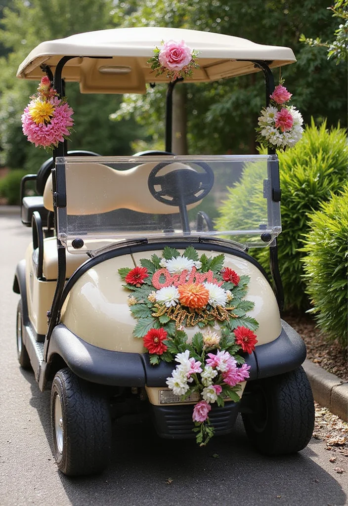 21 Golf Cart Flower Decoration Ideas That Look Stunning - 21. Personalized Flower Embellishments 1
