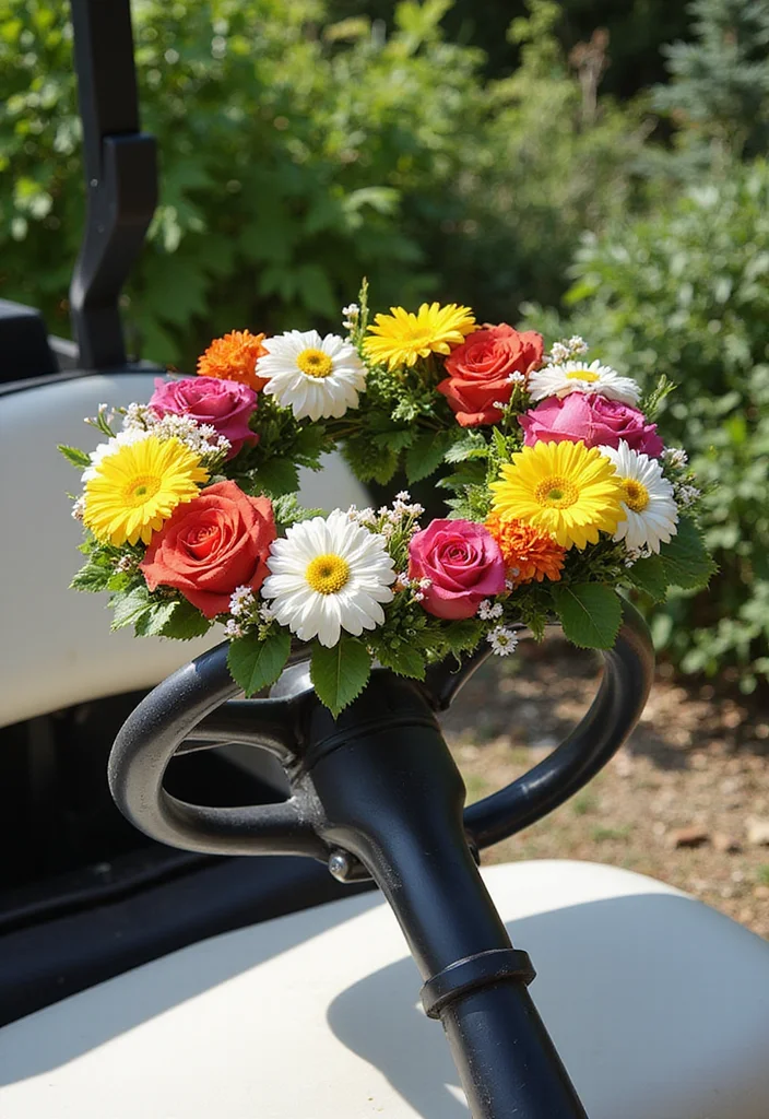 21 Golf Cart Flower Decoration Ideas That Look Stunning - 3. Floral Crown Accents 1