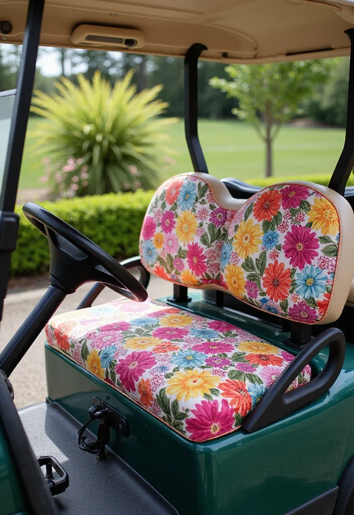 21 Golf Cart Flower Decoration Ideas That Look Stunning - 4. Flower-Embedded Seat Cushions 1
