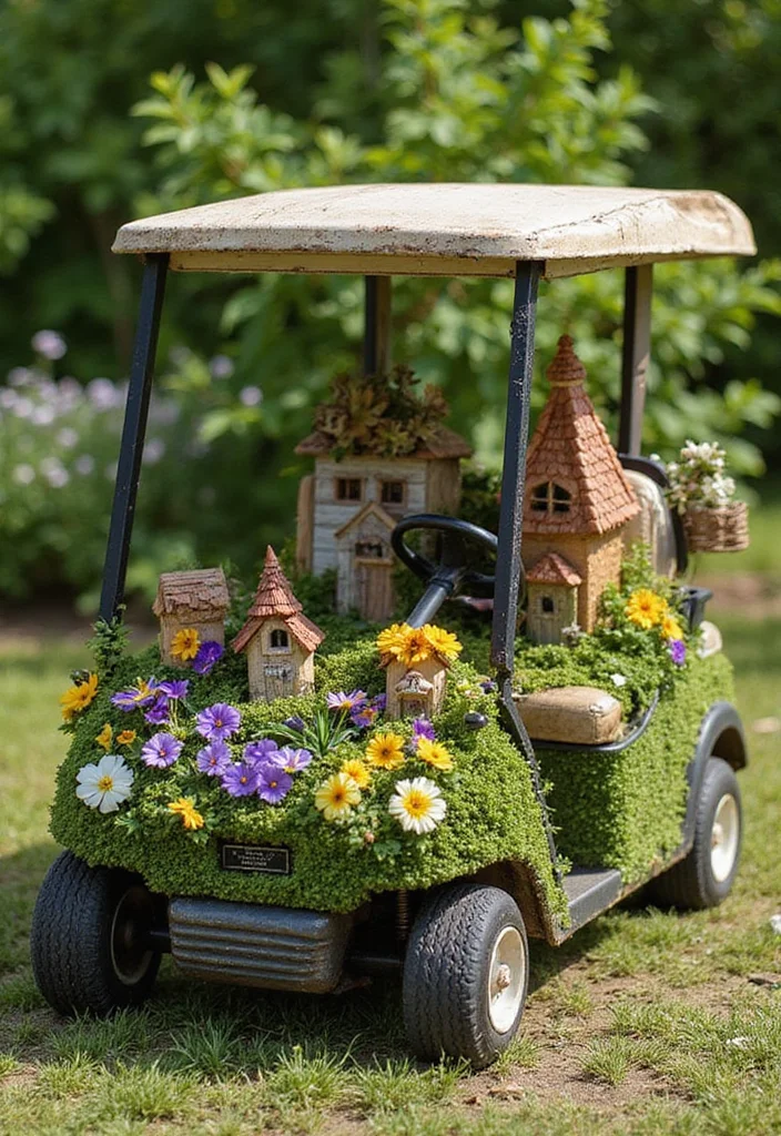 21 Golf Cart Flower Decoration Ideas That Look Stunning - 7. Whimsical Fairy Gardens 1
