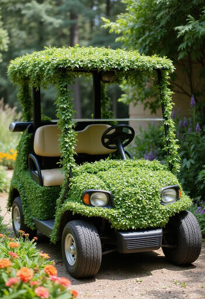 21 Golf Cart Flower Decoration Ideas That Look Stunning - 8. Ivy-Wrapped Designs 1
