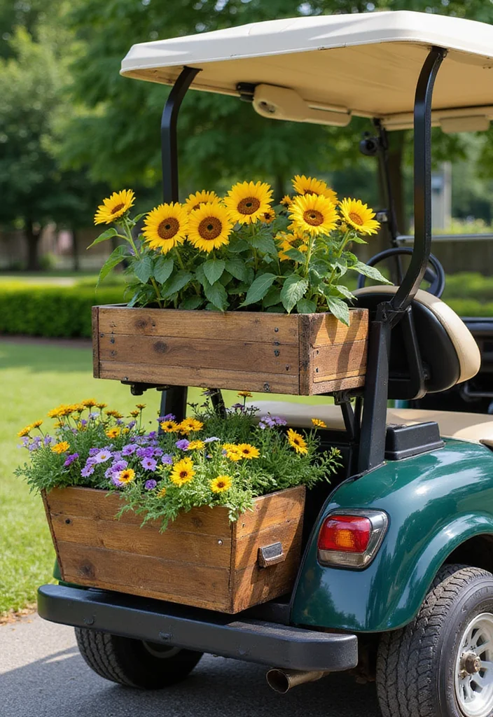 21 Golf Cart Flower Decoration Ideas That Look Stunning - 9. Rustic Wooden Planters 1