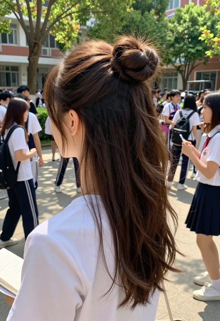 21 Half-Up Back to School Hairstyles for a Fresh Everyday Vibe - 15. Half-Up Looped Bun 1