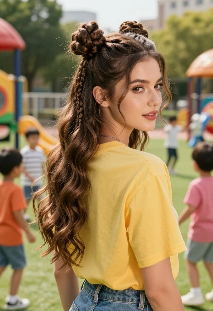 21 Half-Up Back to School Hairstyles for a Fresh Everyday Vibe - 16. Half-Up Twisted Double Buns 1
