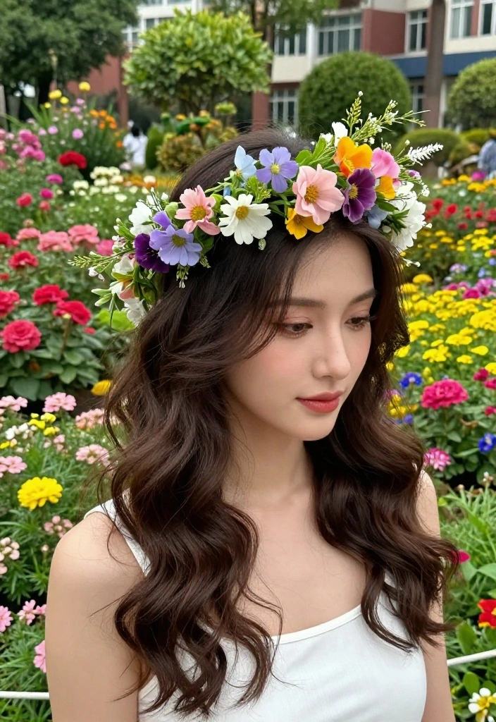 21 Half-Up Back to School Hairstyles for a Fresh Everyday Vibe - 20. Half-Up Floral Crown 1