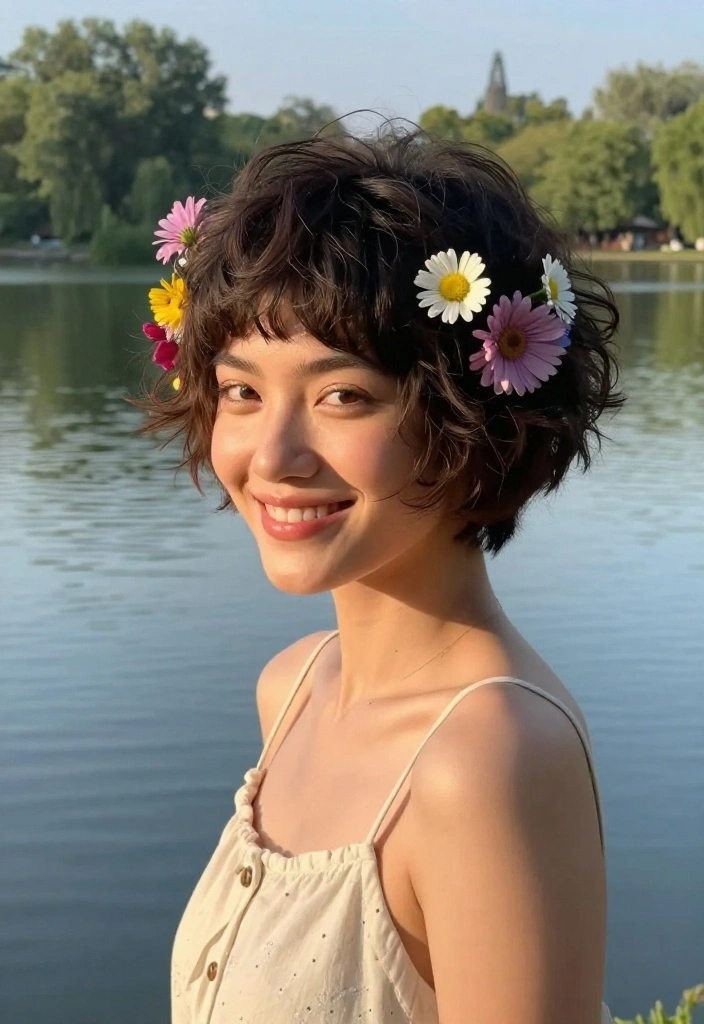 21 Simple Lake Hairstyles That Are Perfect for Short Hair - 13. Textured Pixie with Flowers 1