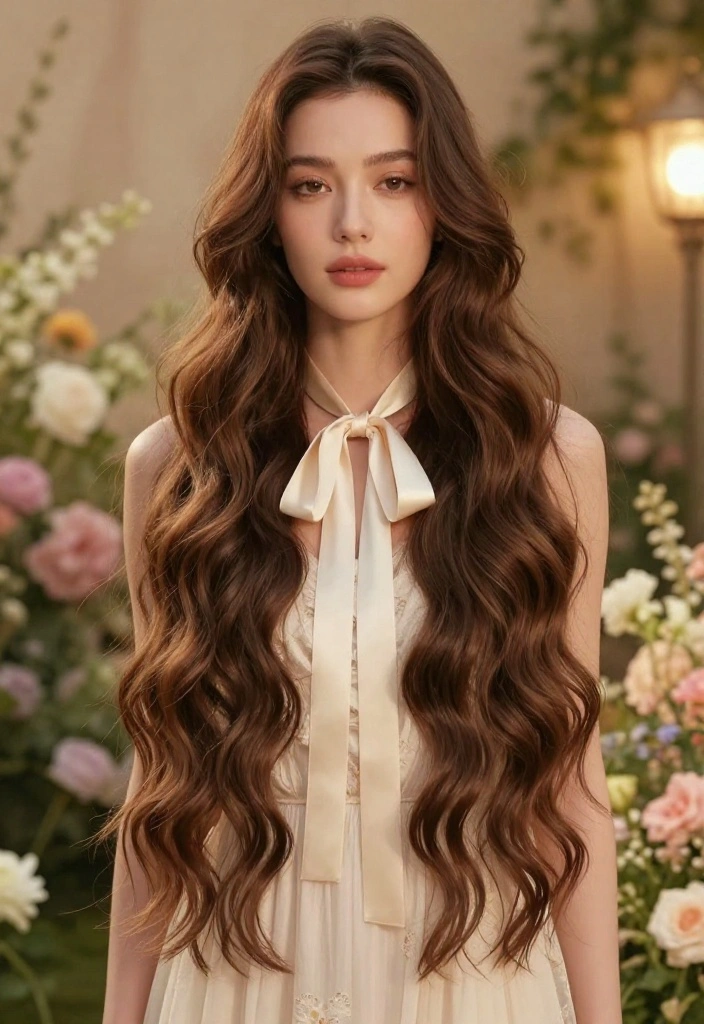 21 Vintage-Inspired Hairstyles with Ribbon for a Classic Feel - 21. Romantic Long Waves with a Ribbon 1