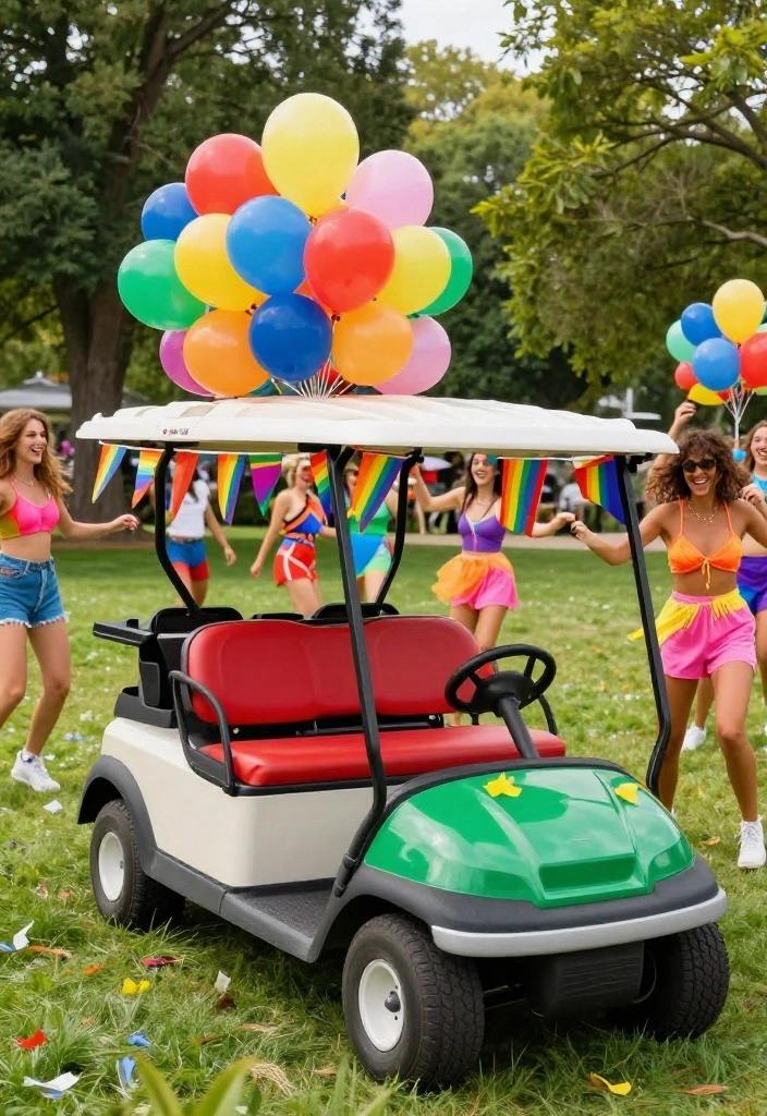 25 Creative Golf Cart Decorating Ideas for Any Occasion - 15. Colorful Rainbow Theme 1
