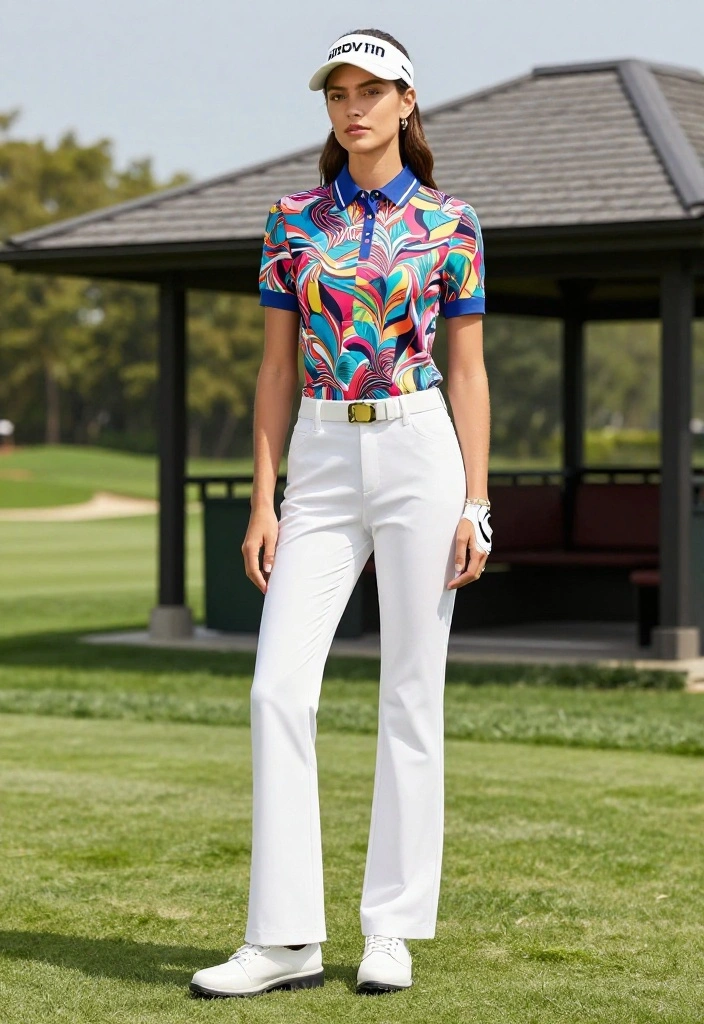 30 Cute Golf Outfits for Women That Are Actually Course-Approved - 17. Chic White Pants with Colorful Top 1