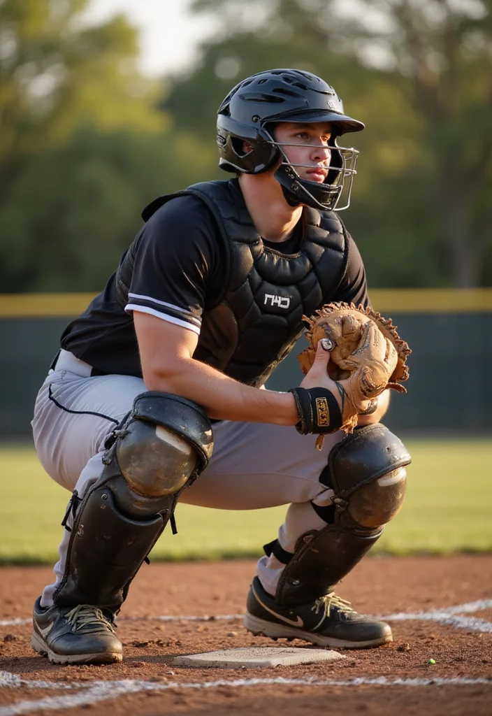 Creative Baseball Senior Picture Poses for Male Athletes - 4. Catcher’s Intensity 1